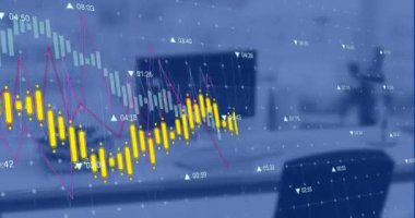 Animation of statistics and financial data processing over desk in office. Global business, finance, computing and data processing concept digitally generated video.