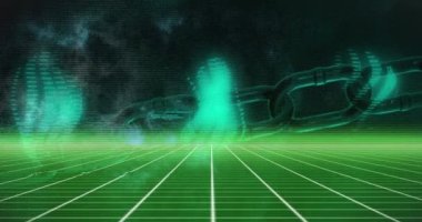 Animation of chain, computer data processing over grid. Global computing, finance, business and data processing concept digitally generated video.