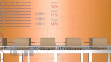 Animation of statistical data processing over boxes on conveyer belt against orange background. Logistics and transportation business technology concept