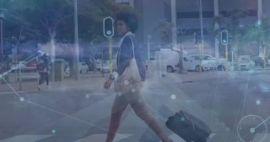 Animation of network of connections over woman in city. Global networks, computing and data processing concept digitally generated video.