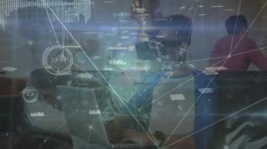 Animation of network of connections over african american man wearing vr headset at office. Global networking and business technology concept