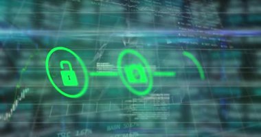 Animation of network of connections with icons and data processing with globe on black background. Global technology, computing and digital interface concept digitally generated video.