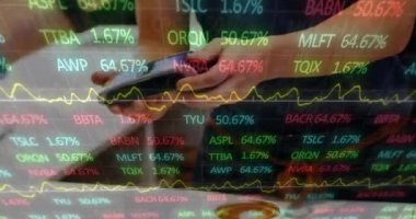 Animation of stock market data processing over mid section of a man using smartwatch to make payment. Global economy and business payment technology concept