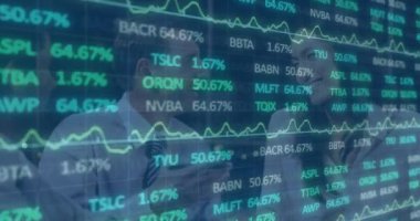 Animation of stock market data processing over two diverse businessman and businesswoman discussing. Global economy and business technology concept