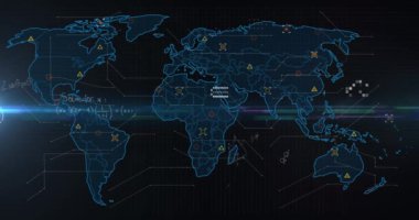 Animation of mathematical sums and diagram, circuit board pattern and lens flares over map. Digitally generated, hologram, global, illuminated, equations, illustration and technology concept.