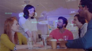 Digitally generated video of diverse colleagues at a group meeting, shaking hands, numbers floating over them. education development and learning concept digitally generated video.
