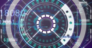 Kapsamlı tarama ve kara arkaplanda veri işleme animasyonu. Küresel teknoloji, bilgisayar ve dijital arayüz kavramı dijital olarak oluşturulmuş video.