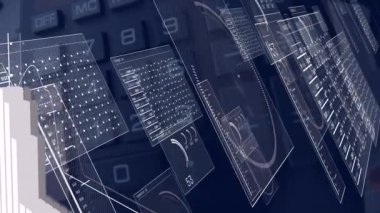 Animation of interface with data processing against calculator falling over documents. Computer interface and business technology concept