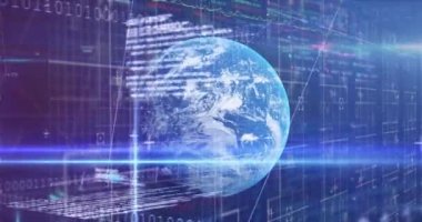 Animation of binary coding and data processing over globe. Global business, finances, computing and data processing concept digitally generated video.