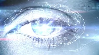 Animation of network of connections and data processing over eye. Global technology, connections and digital interface concept digitally generated video.