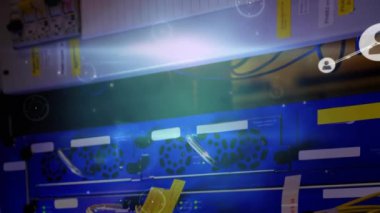 Animation of network of connections with icons over server room. Global connections, computing and digital interface concept digitally generated video.