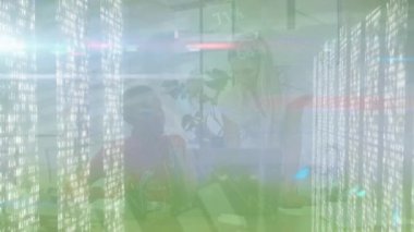 Animation of statistical data processing over diverse female colleagues discussing at office. Business data technology concept