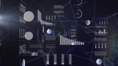 Animation of financial data processing over network of connections on black background. Global business, finances and digital interface concept digitally generated video.