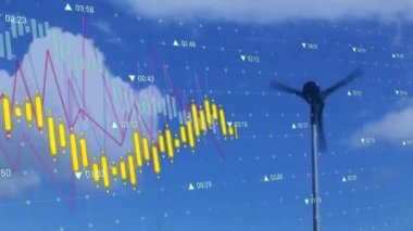 Animation of data processing over wind turbine. Global environment, sustainability, wind energy and data processing concept digitally generated video.