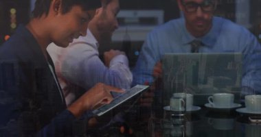 Animation of financial data processing over diverse business people using electronic devices. Global business, finance, computing and data processing concept digitally generated video.