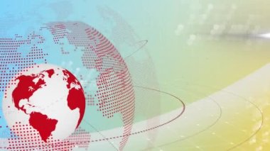 Animation of spinning globe and data processing against gradient background with copy space. Global networking and business technology concept