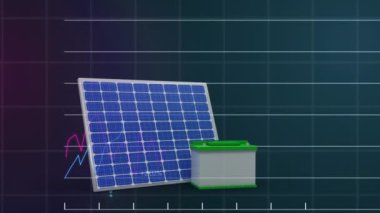 Animation of statistics and financial data processing over solar panels. Global solar energy, sustainability, computing, digital interface and data processing concept digitally generated video.