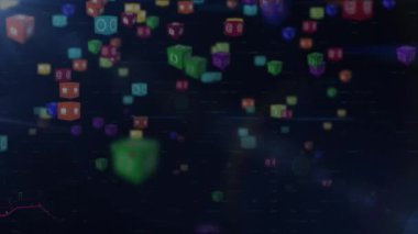 Animation of blue light spot and multiple digital icons floating against black background. Computer interface and business technology concept