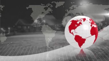 Animation of spinning globe and world map over cityscape. Global business and digital interface concept digitally generated video.