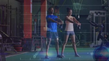 Animation of financial data processing over diverse people exercising. Global sport, finances and digital interface concept digitally generated video.