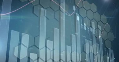 Animation of financial data processing over network of hexagons. Global business, finance, computing, digital interface and data processing concept digitally generated video.