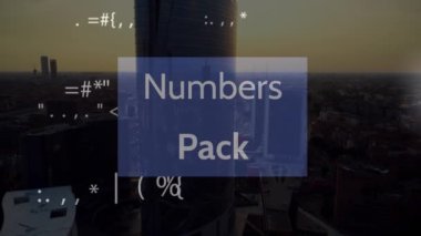 Animation of numbers pack text and data processing over cityscape. Global business and digital interface concept digitally generated video.