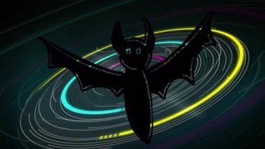 Animation of bat over illuminated spinning spiral pattern. Digitally generated, hologram, illustration, illuminated, vector, art, animal and abstract concept.