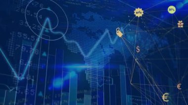Animation of financial data processing with icons with world map on blue background. Global business, finances and digital interface concept digitally generated video.
