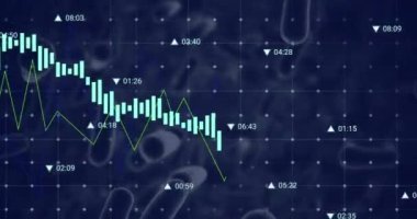 Animation of financial data processing over blood vessels floating against blue background. Medical research and business technology concept