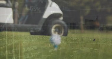 Animation of statistics and financial data processing over golf course. Global sports, networks, computing and data processing concept digitally generated video.