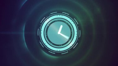 Animation of clock moving fast and data processing over circles. Global business and data processing concept digitally generated video.