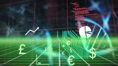 Animation of digital icons floating against spinning dna structures over green grid network. Medical research and business technology concept