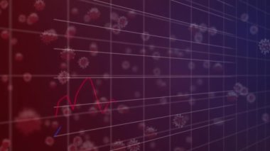 Animation of statistical data processing and covid-19 cells floating on purple gradient background. Covid-19 pandemic and business data technology concept