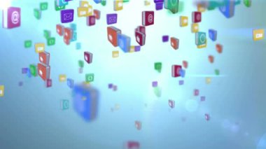 Animation of multiple icons with lens flare against blue background. Digitally generated, hologram, illustration, illuminated, vector, symbols, message, abstract and technology concept.