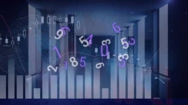 Animation of multiple changing numbers and statistical data processing against computer server room. Business data storage technology concept
