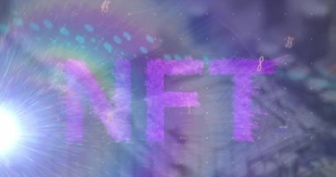 Animation of letter, symbols, nft text, graph, lens flare, dots over electronic components. Digital composite, multiple exposure, cryptocurrency, alphabets, report, finance, banking and technology.