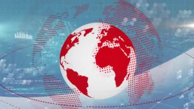 Animation of globe over data processing on blue background. Global technology, computing and digital interface concept digitally generated video.
