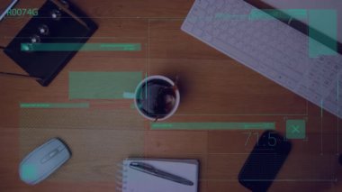 Animation of statistics and data processing over desk with computer and office items. Global business, finance and data processing concept digitally generated video.