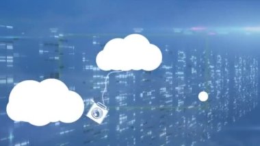 Animation of digital clouds with electronic devices over data processing on computer servers. Global cloud computing and data processing concept digitally generated video.