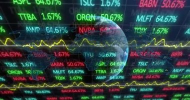 Animation of data processing and stock market over globe and world map on blue background. Global business and digital interface concept digitally generated video.