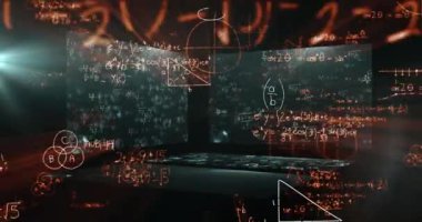 Siyah arkaplan üzerinde matematiksel denklemlerin animasyonu. küresel iş ve dijital arayüz kavramı dijital olarak oluşturulmuş video.