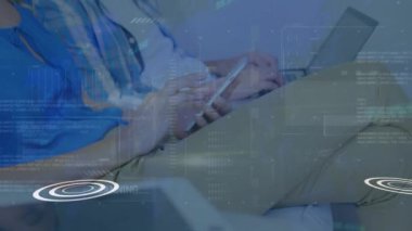 Animation of interface with data processing over couple using electronic devices at home. Computer interface and business technology concept