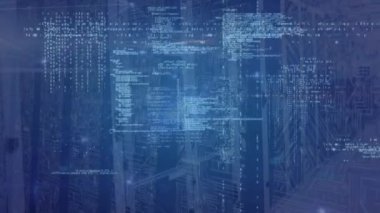 Animation of network of connections with data processing over server room. Global technology, computing and digital interface concept digitally generated video.