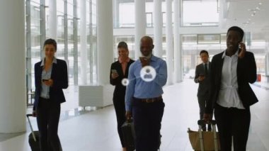 Animation of connected icons over diverse business people with phone and luggage walking at airport. Digital composite, multiple exposure, communication, teamwork, business travel and technology.