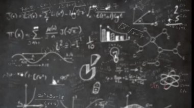 Animation of mathematical equations and formulas floating against blackboard. Education and business data technology concept