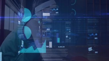 Animation of statistics and data processing over basketball player. Global sports, finance, computing, connections and data processing concept digitally generated video.