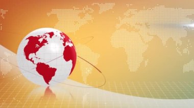 Animation of spinning globe over world map against yellow gradient background with copy space. Global networking and business technology concept