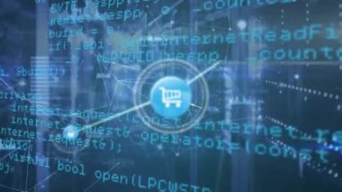 Animation of network of connections with icons over server room and data processing. Global business and digital interface concept digitally generated video.