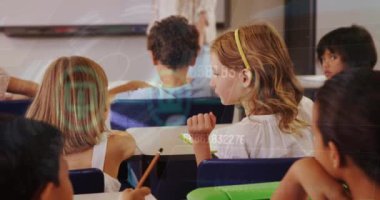 Animation of data processing over diverse schoolchildren talking. Global education and digital interface concept digitally generated video.