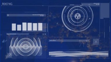 Animation of data processing with media icons over leaves on blue background. Global business and digital interface concept digitally generated video.